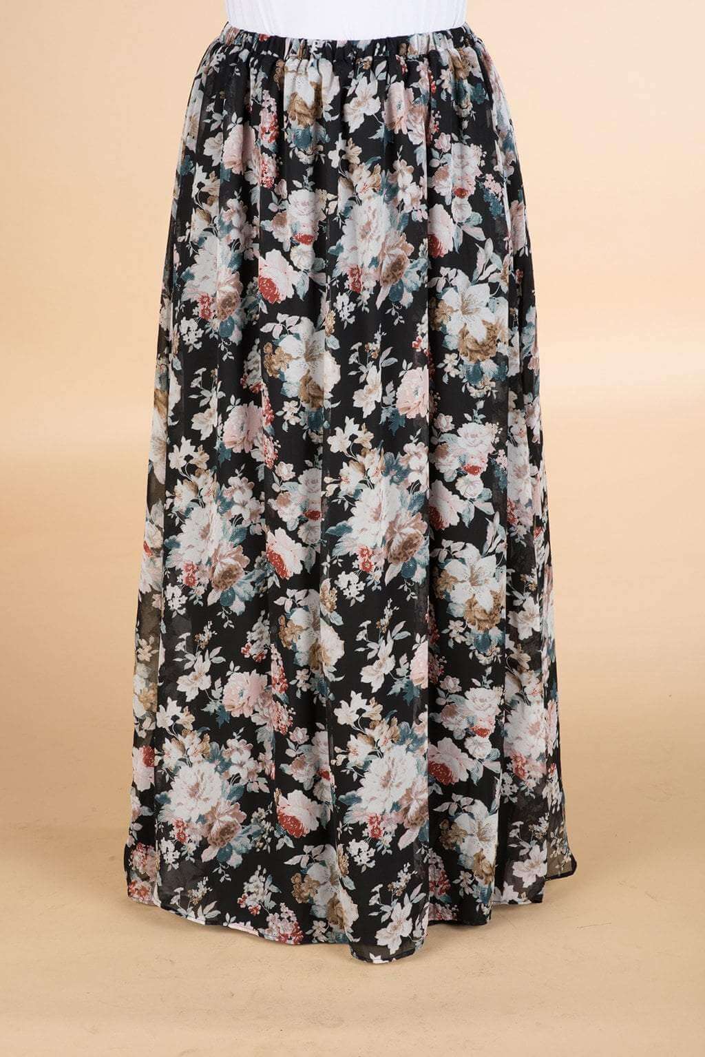 Black Floral Chiffon Maxi Skirt Kabayare