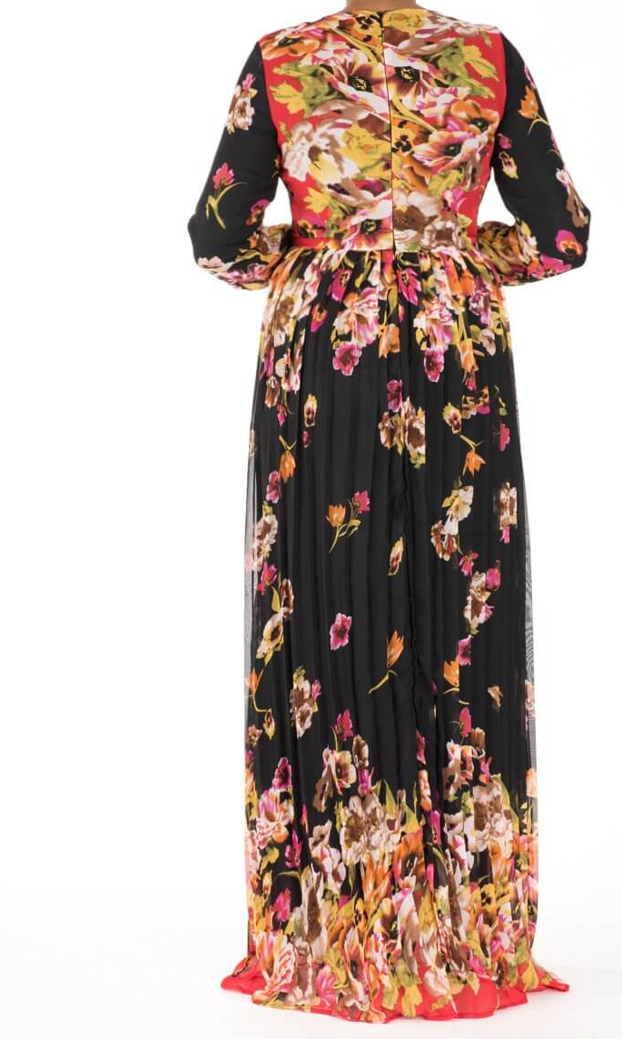Black Floral Pleated Dress Kabayare