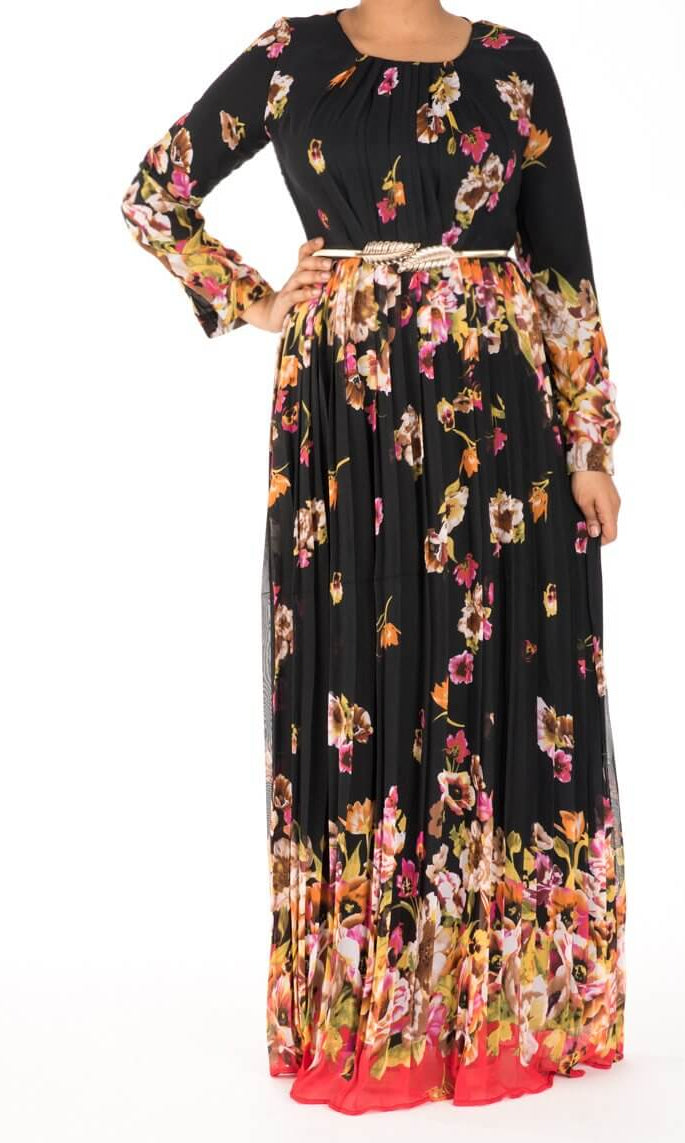 Black Floral Pleated Dress Kabayare