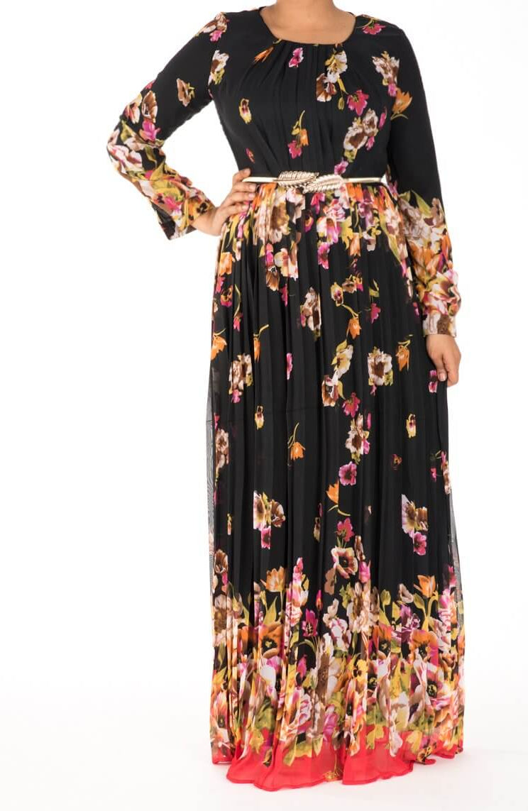 Black Floral Pleated Dress Kabayare