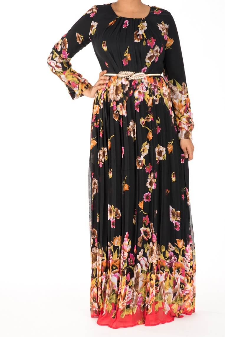 Black Floral Pleated Dress Kabayare