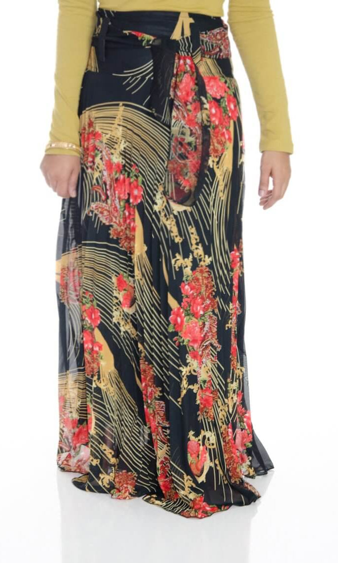 Black Floral Pleated Maxi Skirt Kabayare