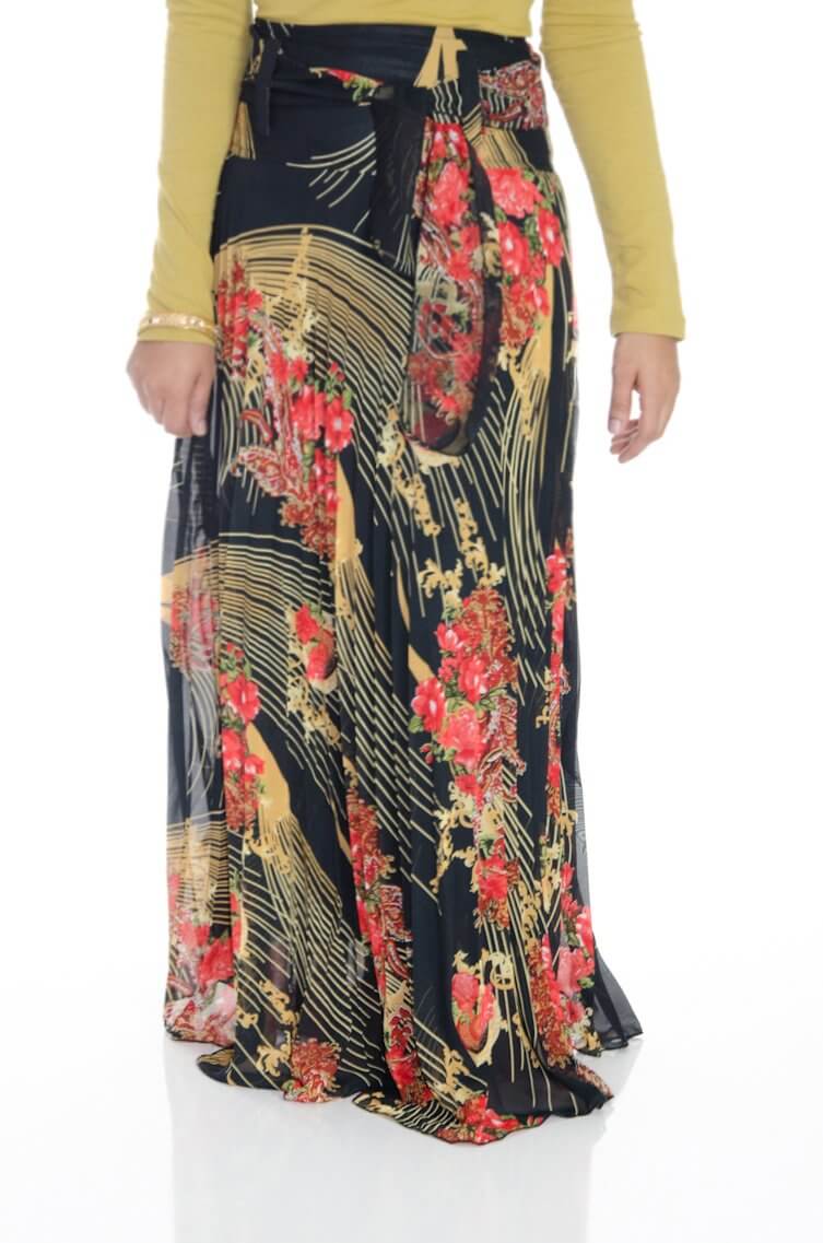 Black Floral Pleated Maxi Skirt Kabayare