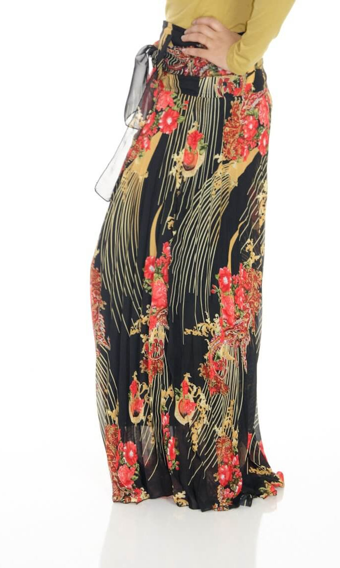 Black Floral Pleated Maxi Skirt Kabayare