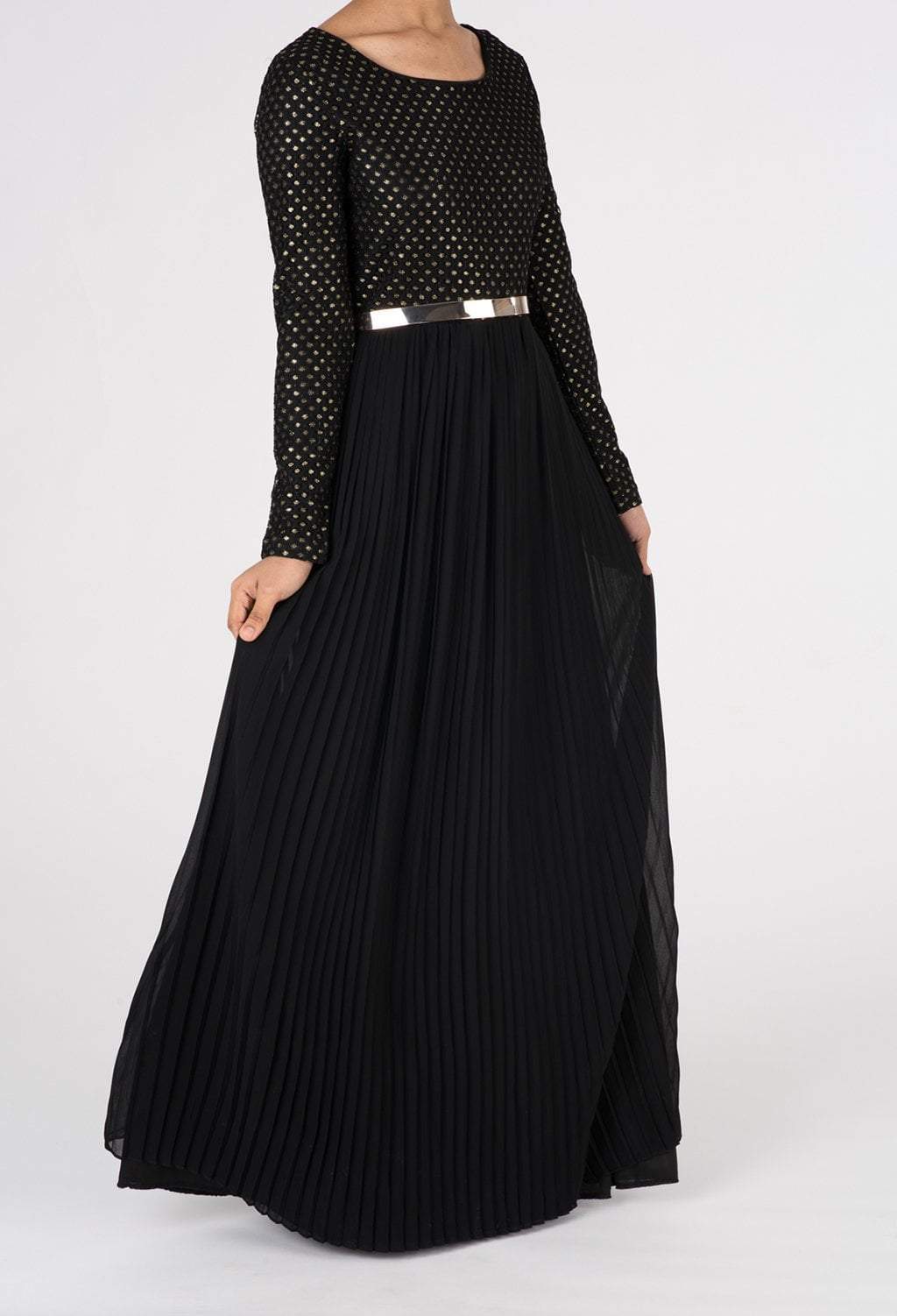 Black Golden Pleated Maxi Dress Kabayare