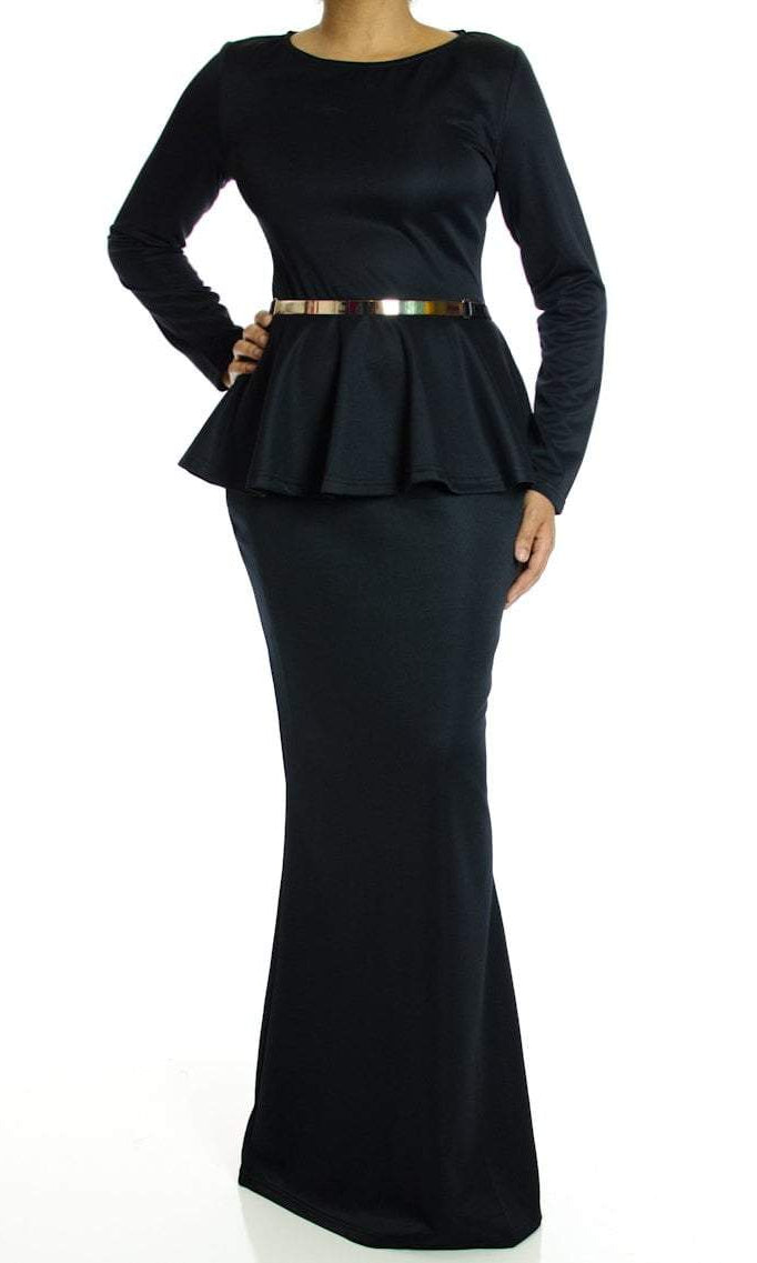 Black Long Sleeve Peplum Maxi Dress Kabayare