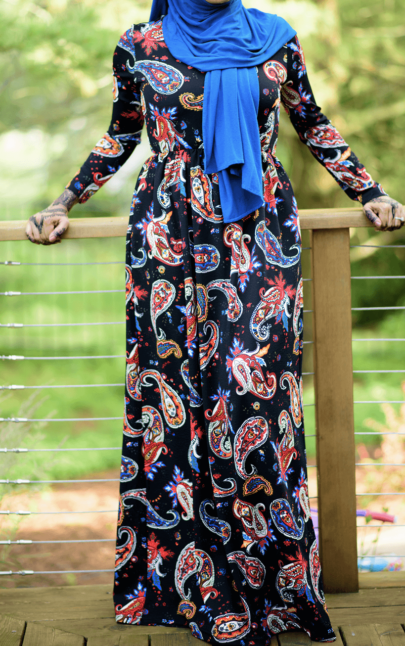 Black Paisley Textured Print Dress Kabayare