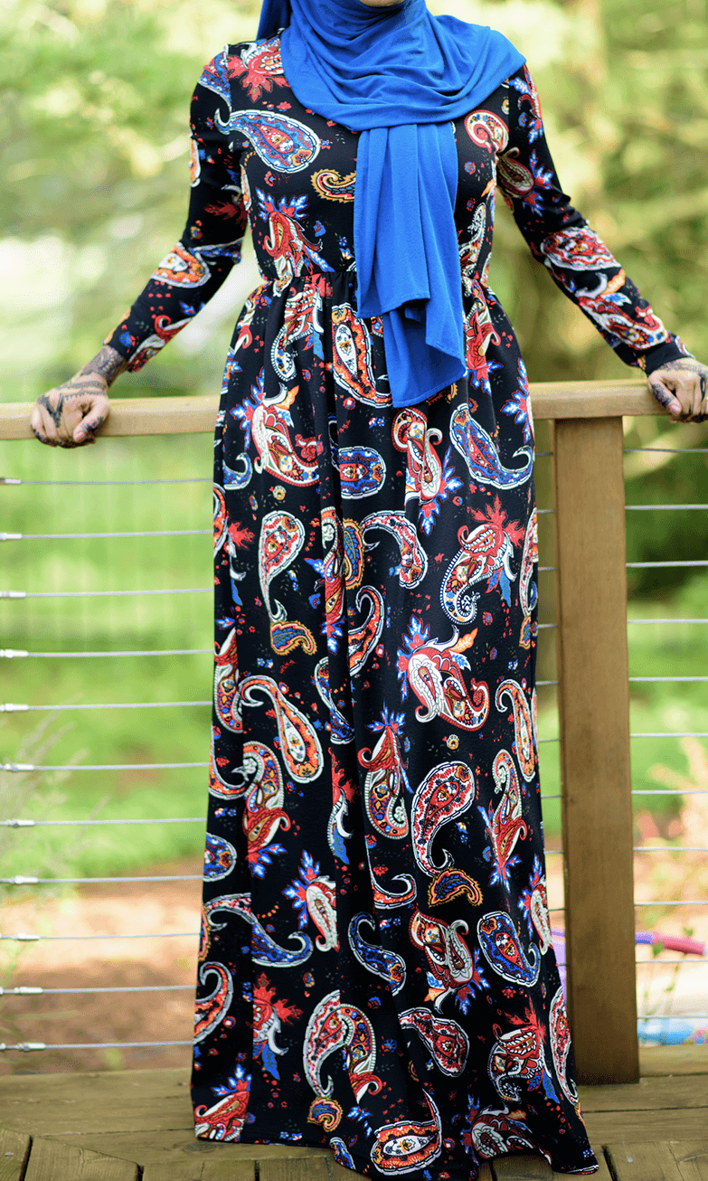 Black Paisley Textured Print Dress Kabayare