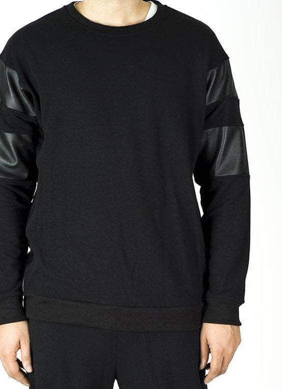 Black Pullover Leather Detail Sweater Set - Men Kabayare