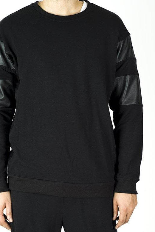 Black Pullover Leather Detail Sweater Set - Men Kabayare
