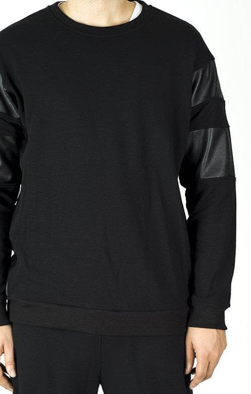 Black Pullover Leather Detail Sweater Set - Men Kabayare
