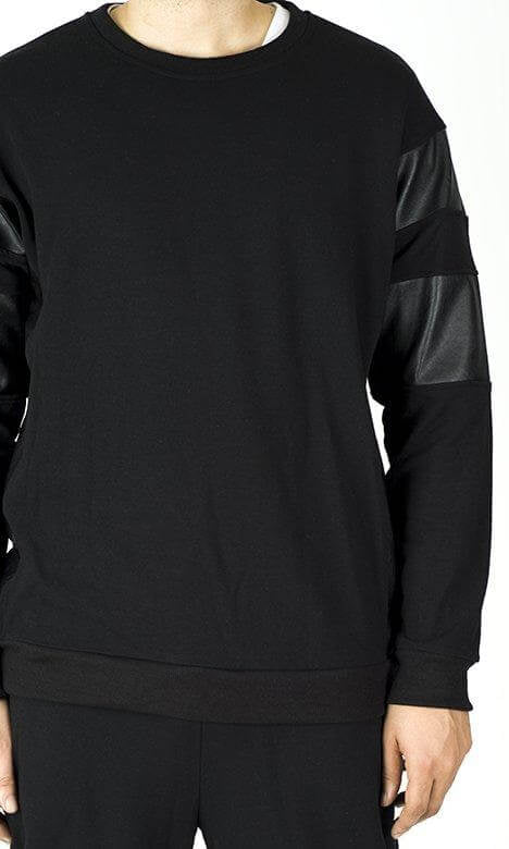 Black Pullover Leather Detail Sweater Set - Men Kabayare