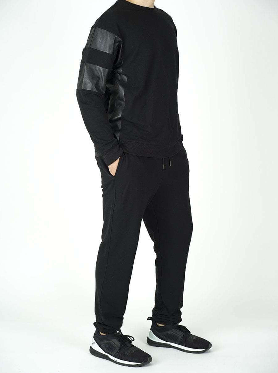 Black Pullover Leather Detail Sweater Set - Men Kabayare