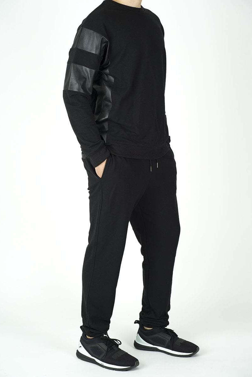 Black Pullover Leather Detail Sweater Set - Men Kabayare