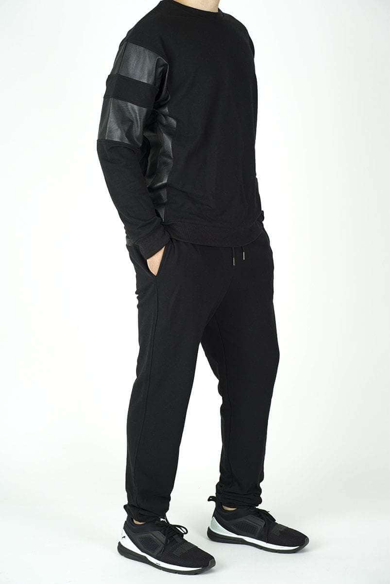 Black Pullover Leather Detail Sweater Set - Men Kabayare
