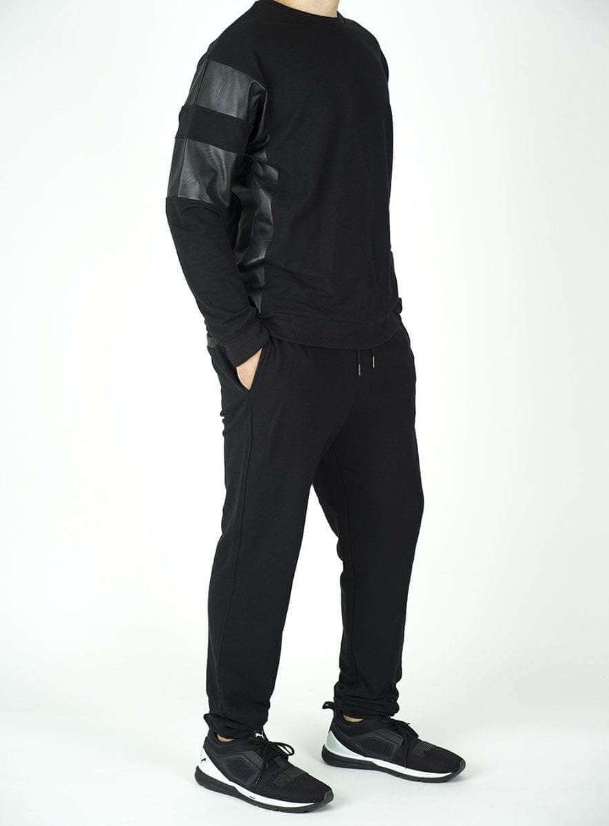 Black Pullover Leather Detail Sweater Set - Men Kabayare