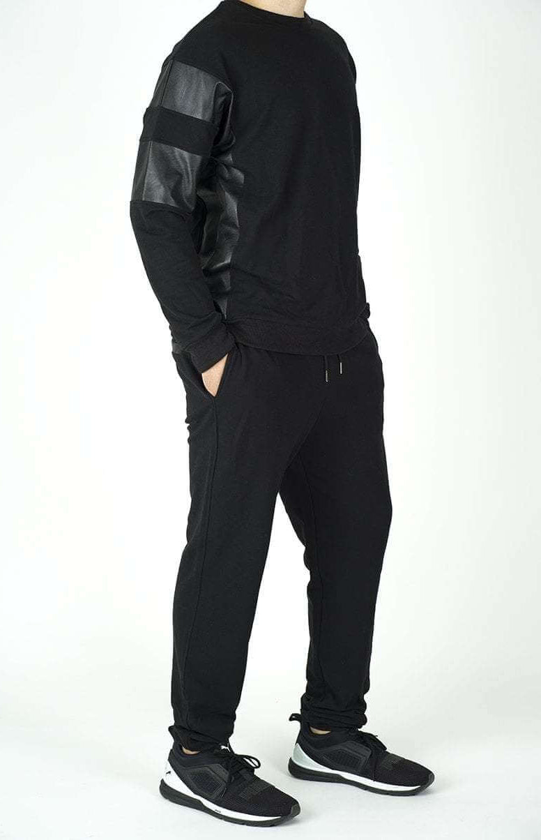 Black Pullover Leather Detail Sweater Set - Men Kabayare
