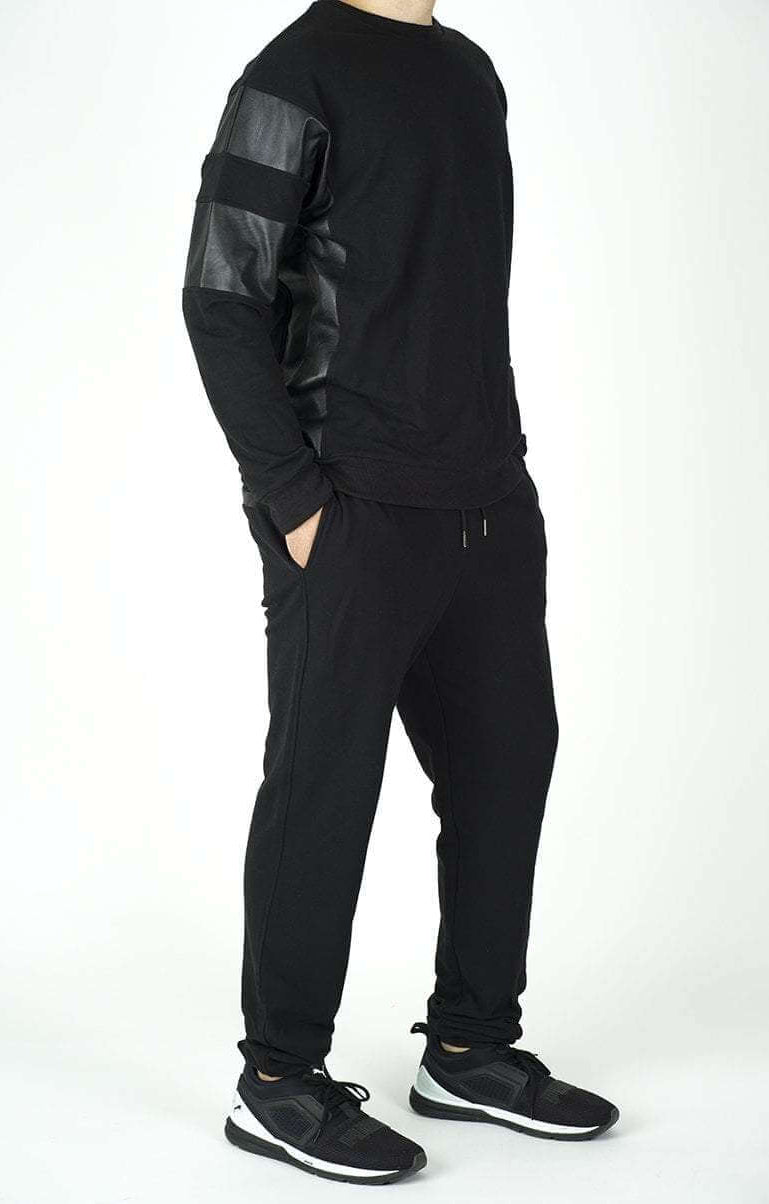 Black Pullover Leather Detail Sweater Set - Men Kabayare