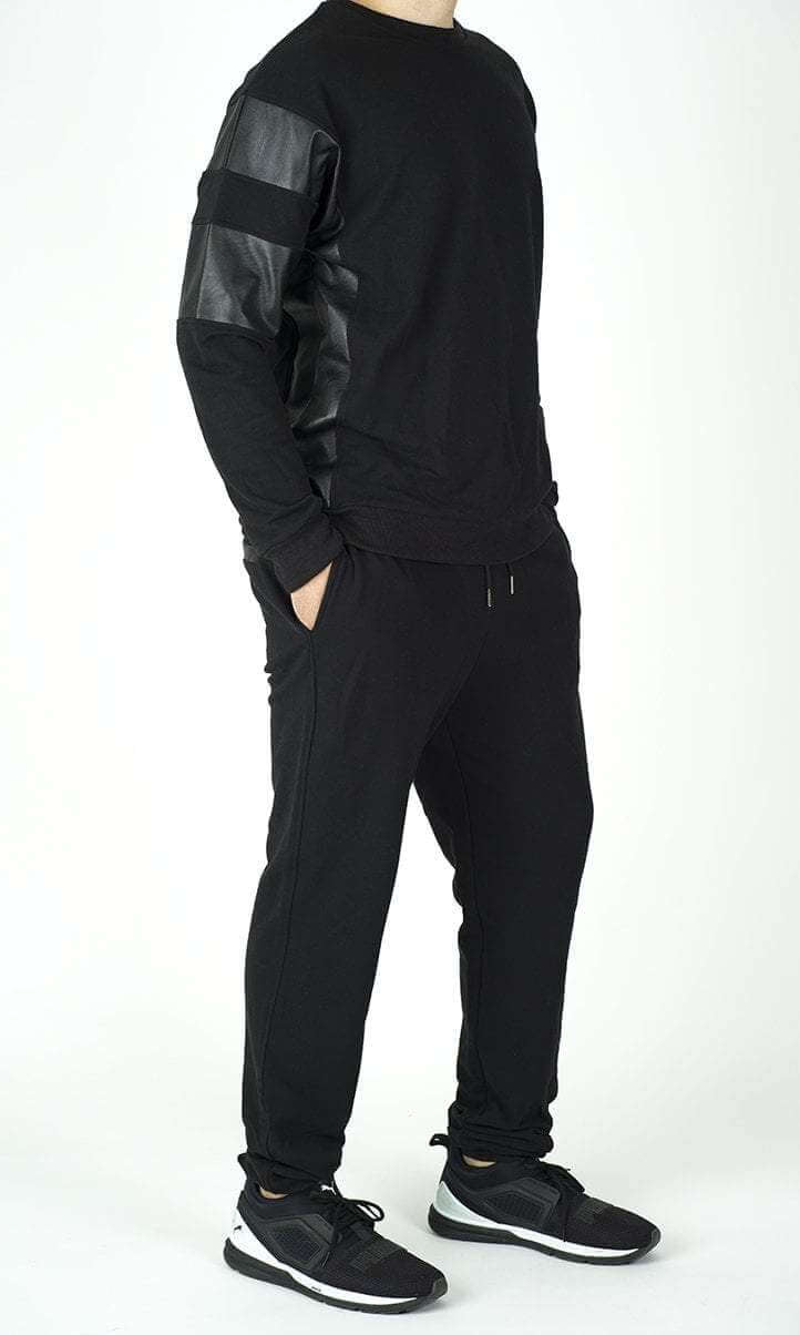 Black Pullover Leather Detail Sweater Set - Men Kabayare