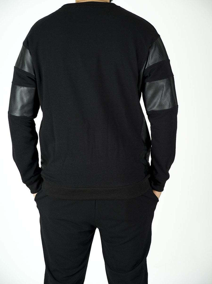 Black Pullover Leather Detail Sweater Set - Men Kabayare