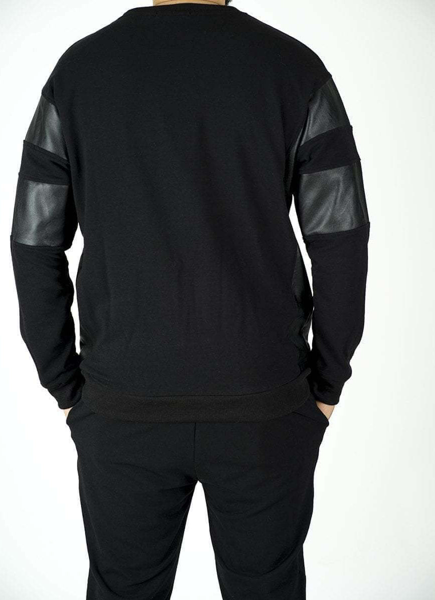 Black Pullover Leather Detail Sweater Set - Men Kabayare