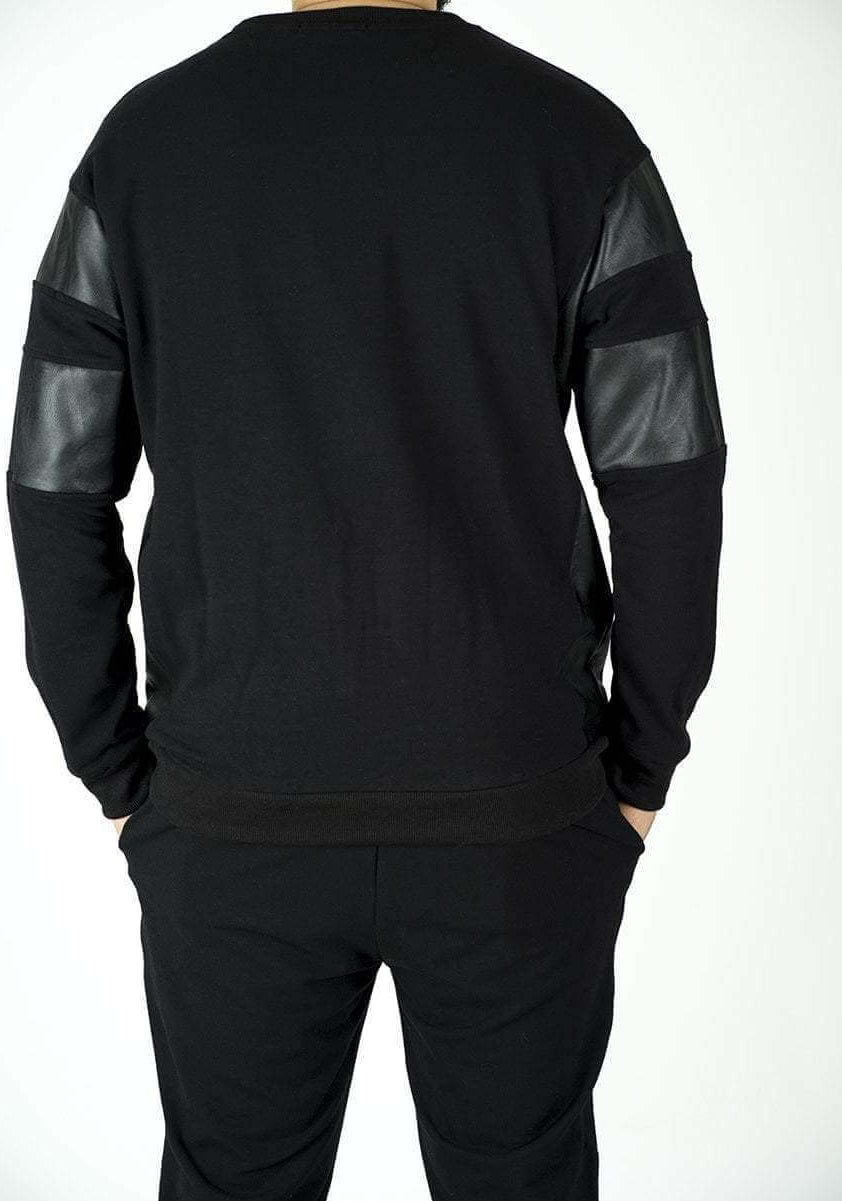 Black Pullover Leather Detail Sweater Set - Men Kabayare
