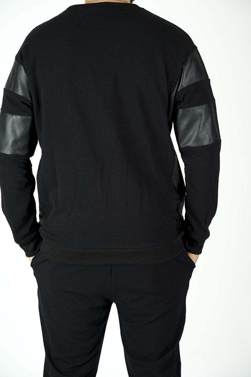 Black Pullover Leather Detail Sweater Set - Men Kabayare