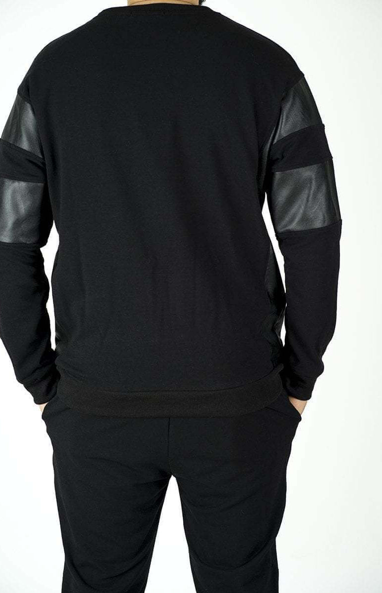 Black Pullover Leather Detail Sweater Set - Men Kabayare