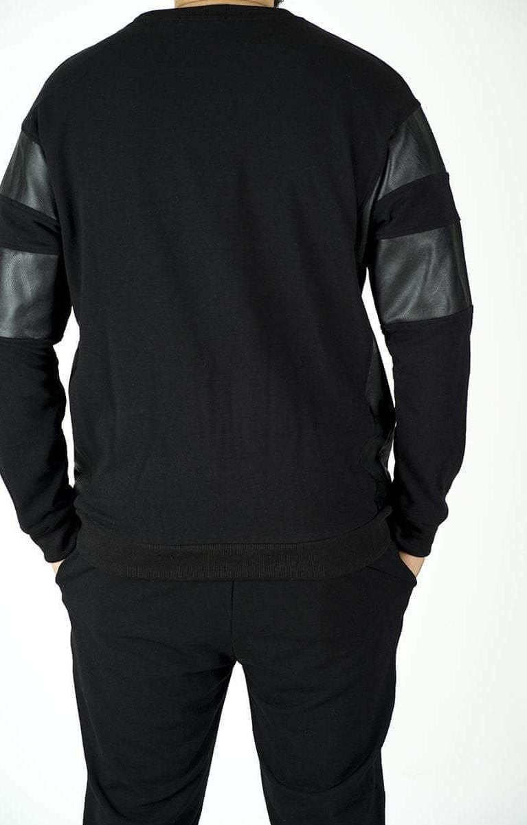 Black Pullover Leather Detail Sweater Set - Men Kabayare