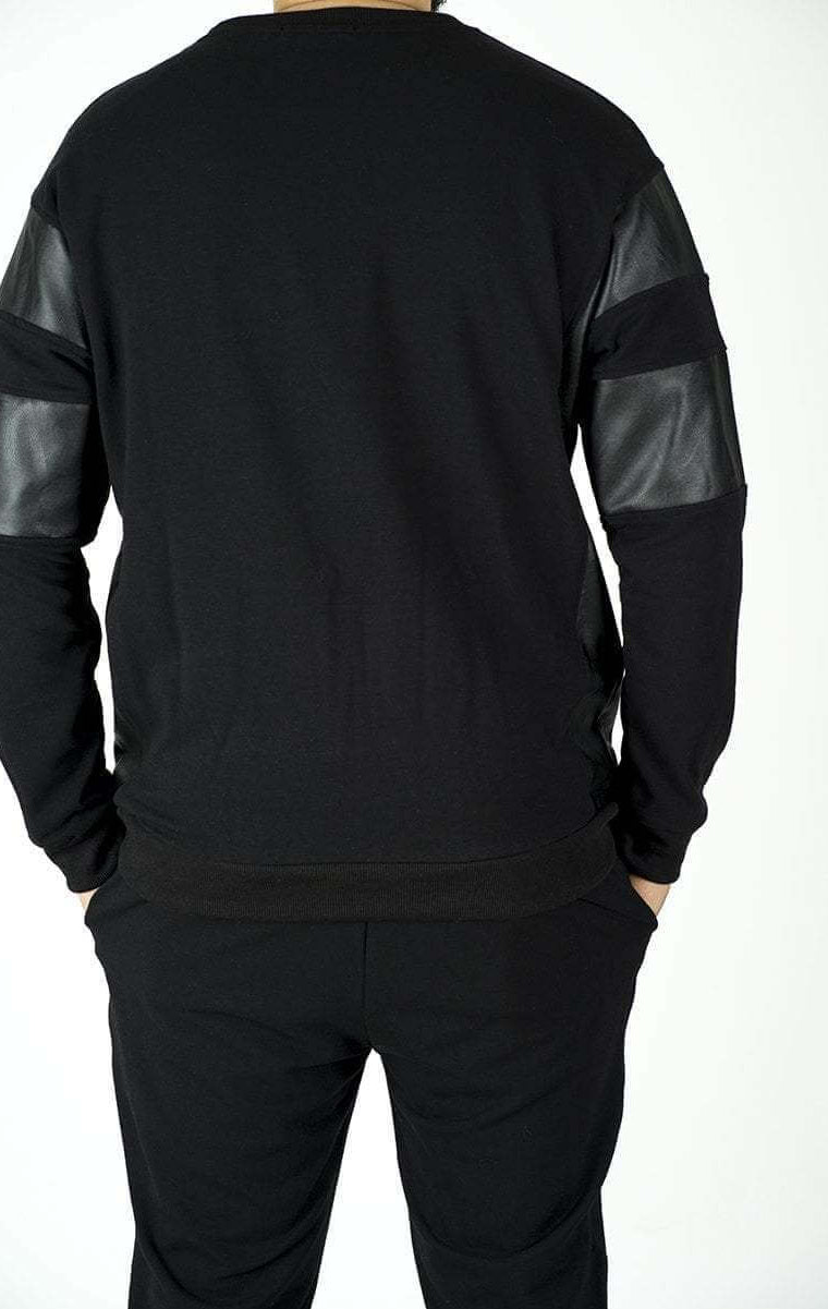 Black Pullover Leather Detail Sweater Set - Men Kabayare