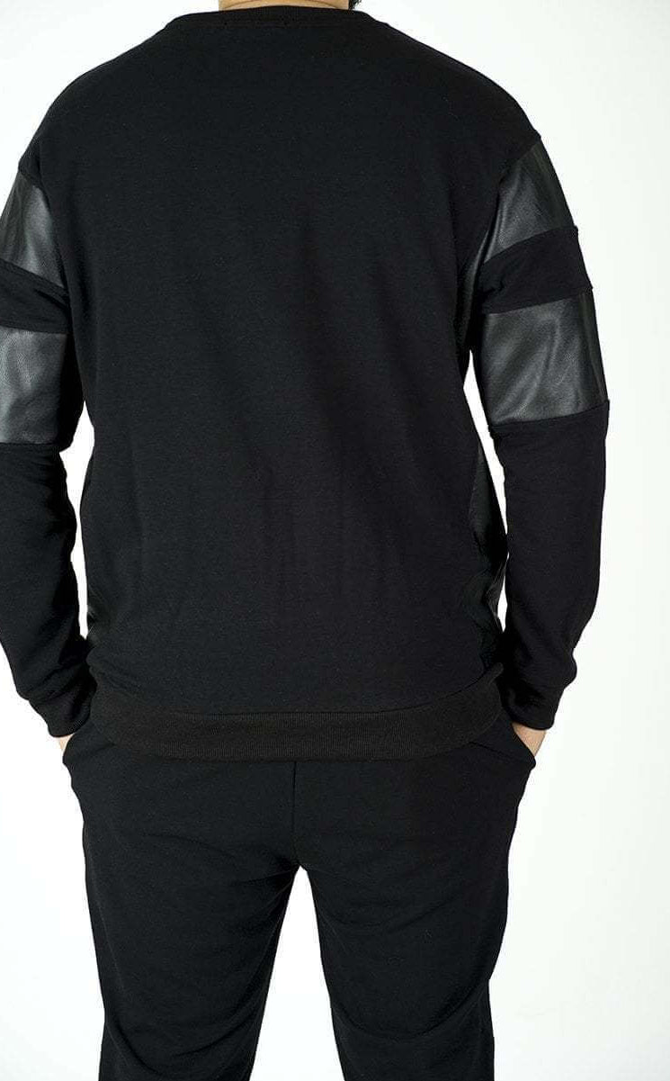 Black Pullover Leather Detail Sweater Set - Men Kabayare