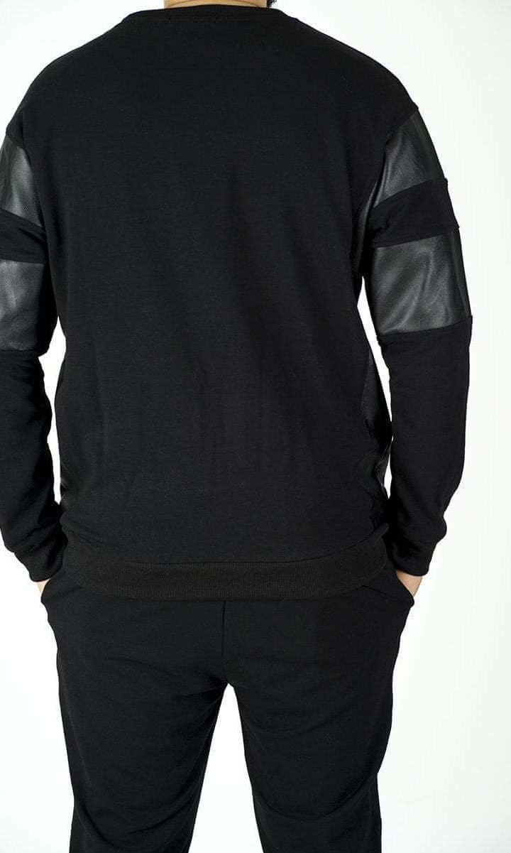 Black Pullover Leather Detail Sweater Set - Men Kabayare