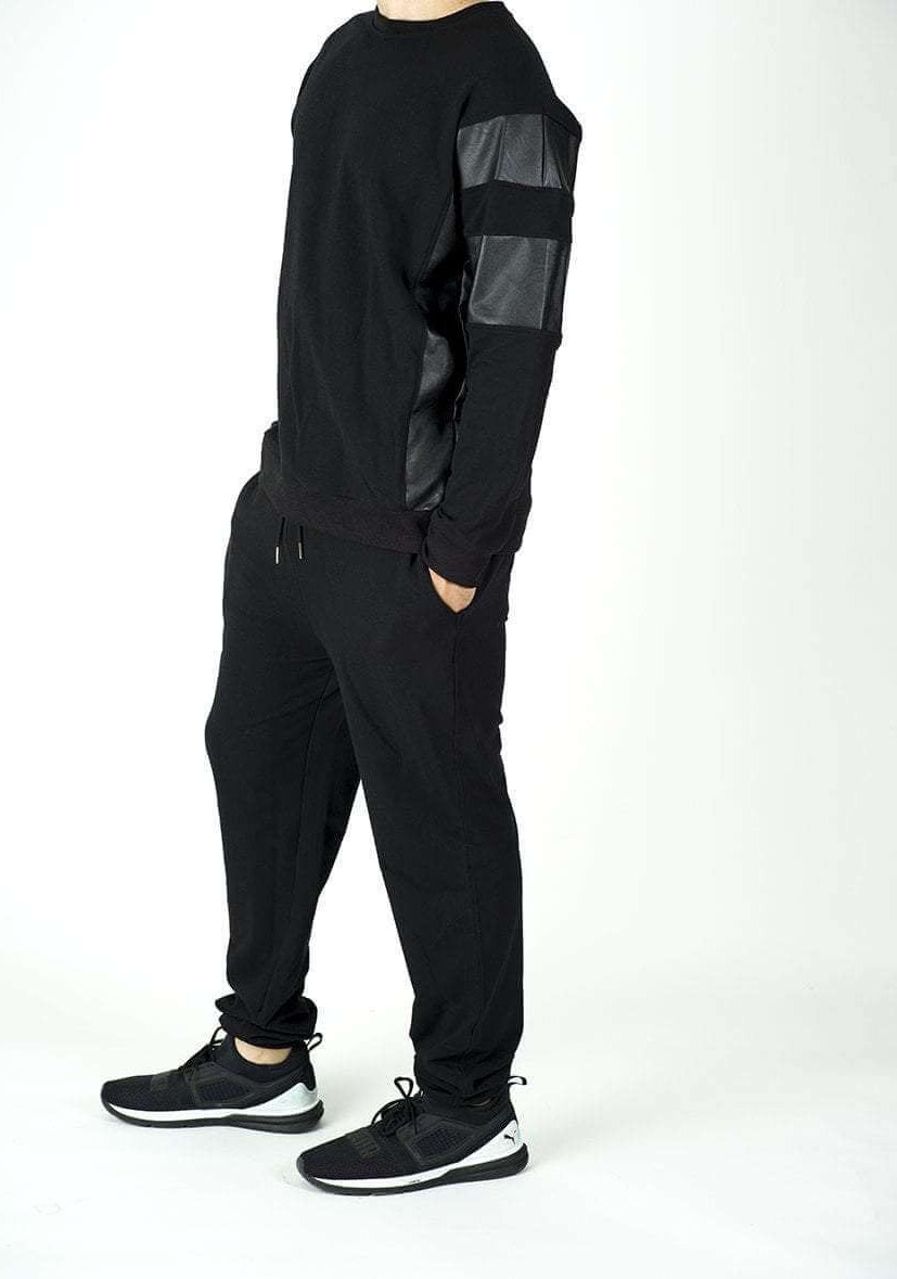 Black Pullover Leather Detail Sweater Set - Men Kabayare