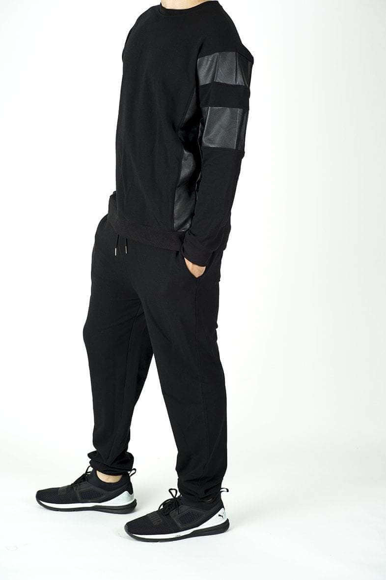 Black Pullover Leather Detail Sweater Set - Men Kabayare
