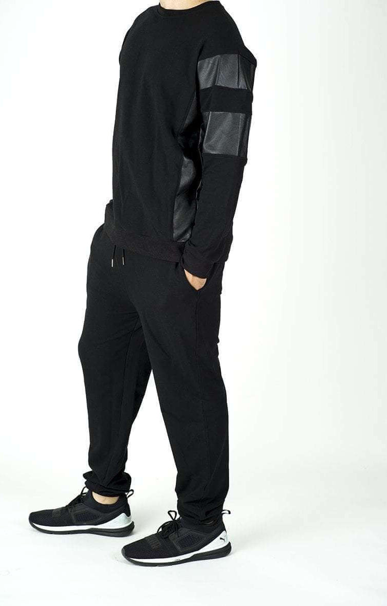Black Pullover Leather Detail Sweater Set - Men Kabayare