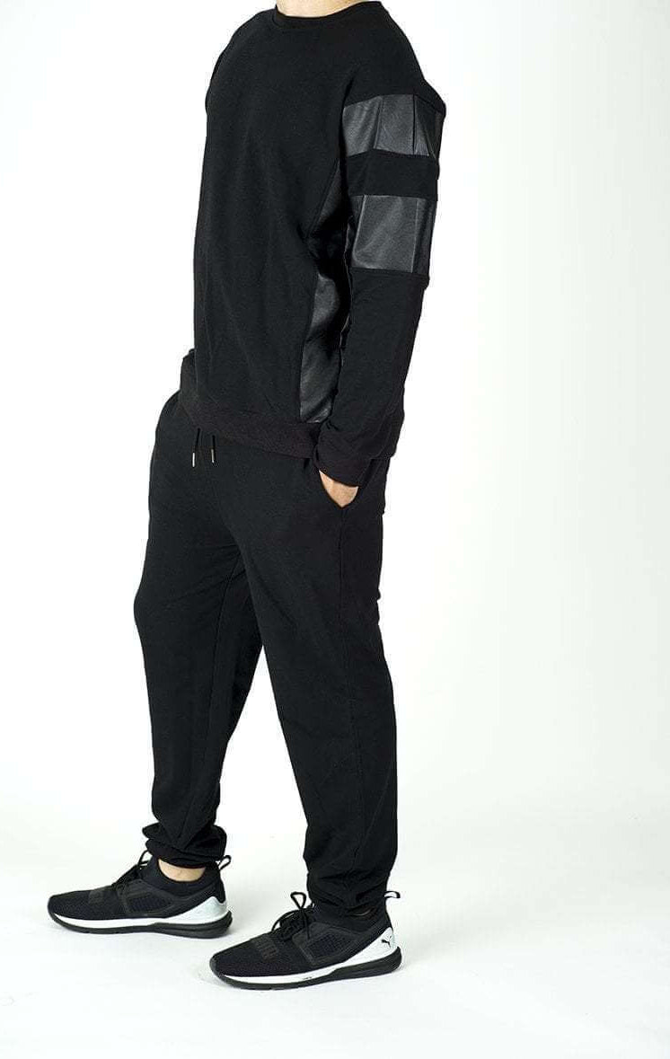 Black Pullover Leather Detail Sweater Set - Men Kabayare