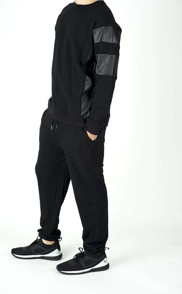 Black Pullover Leather Detail Sweater Set - Men Kabayare