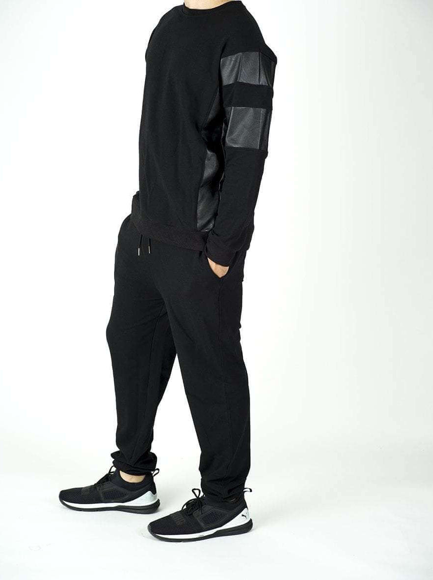 Black Pullover Leather Detail Sweater Set - Men Kabayare
