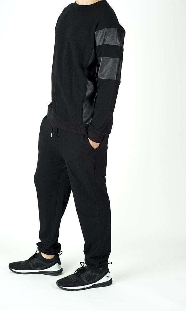Black Pullover Leather Detail Sweater Set - Men Kabayare