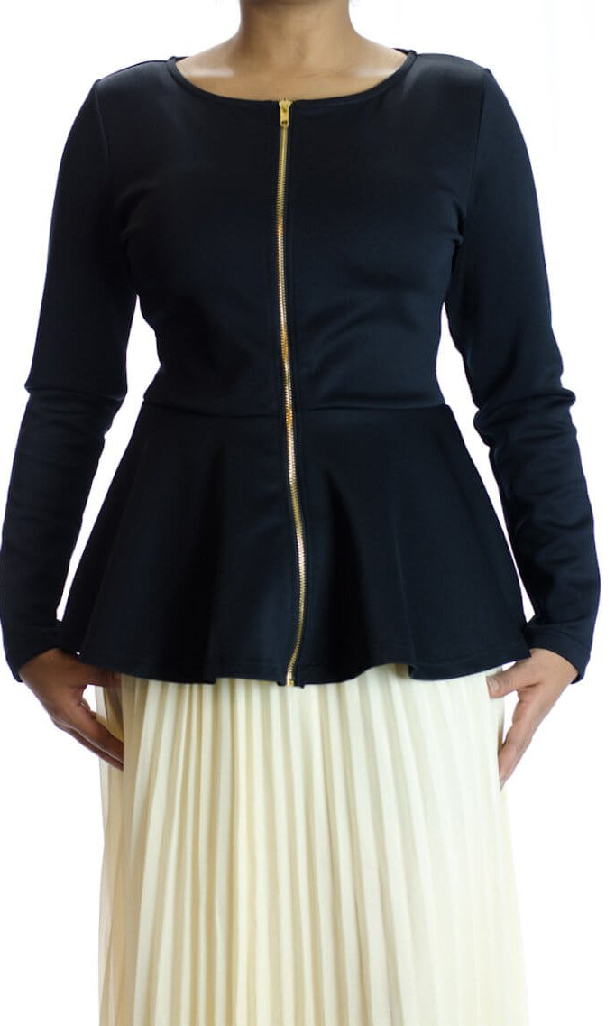 Black Zipper Peplum Top Kabayare