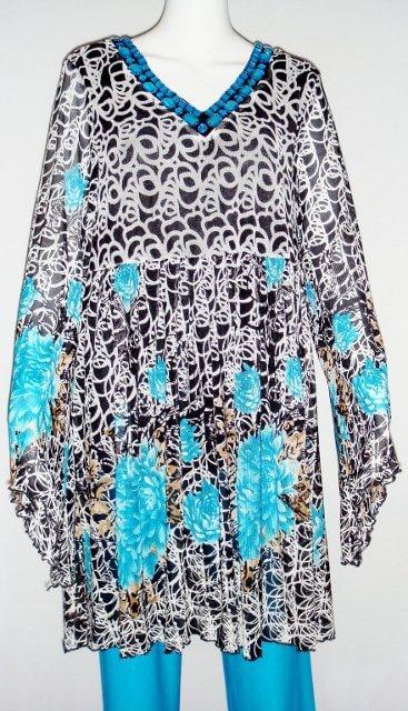 Blue Floral Lacey Tunic Set Kabayare