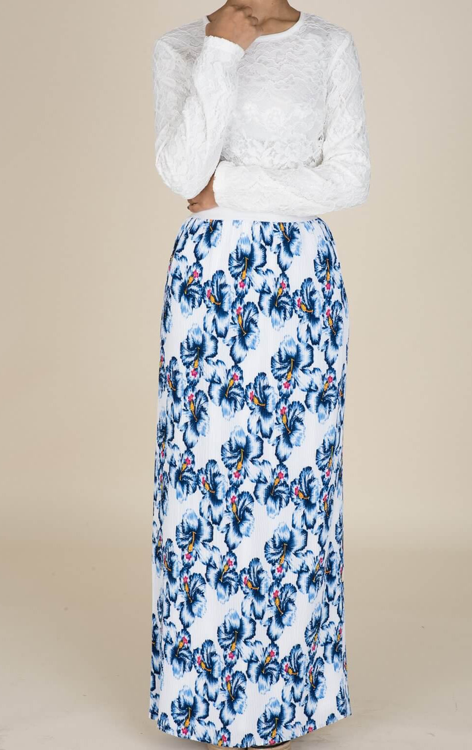 Blue Floral Pencil Pleated Skirt Kabayare