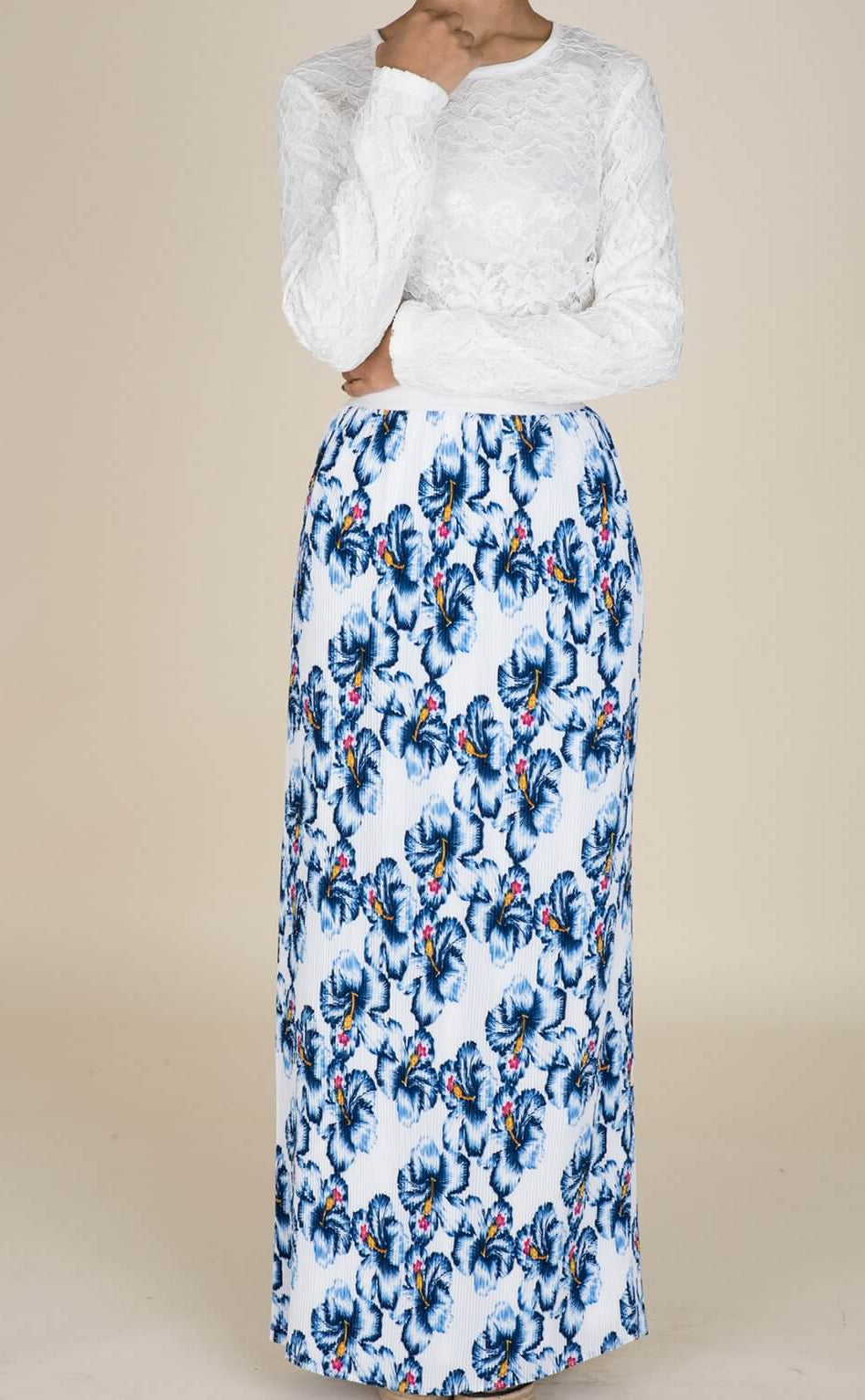 Blue Floral Pencil Pleated Skirt Kabayare