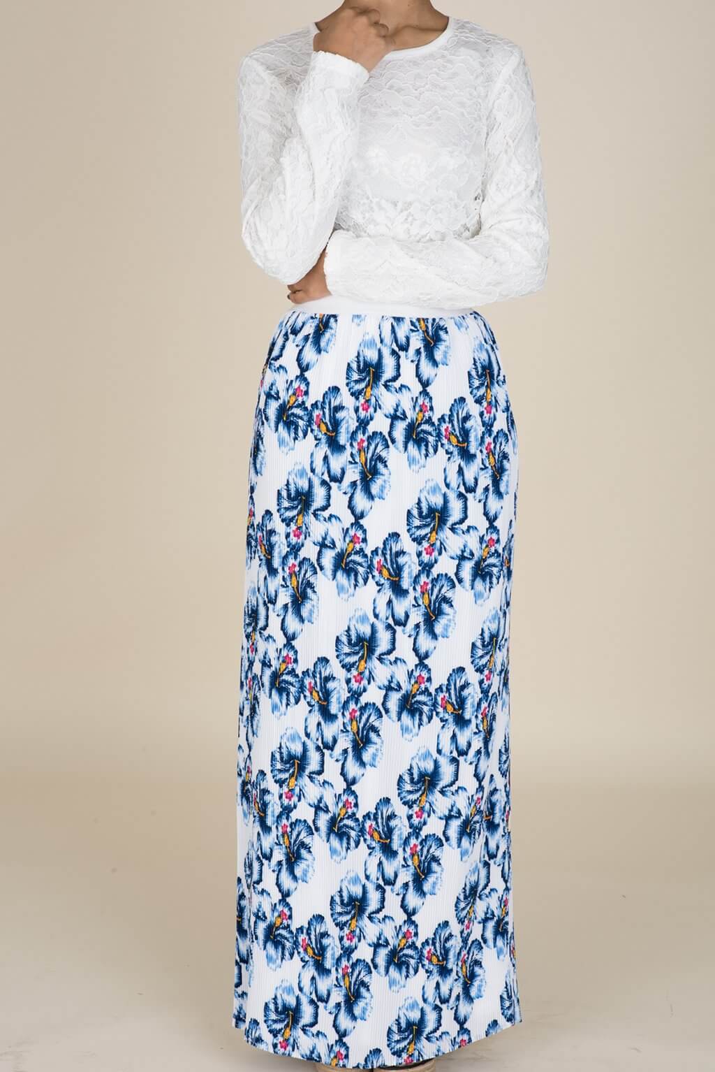 Blue Floral Pencil Pleated Skirt Kabayare