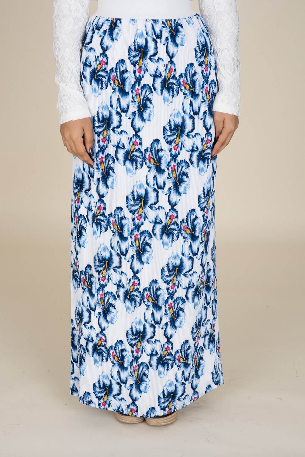 Blue Floral Pencil Pleated Skirt Kabayare