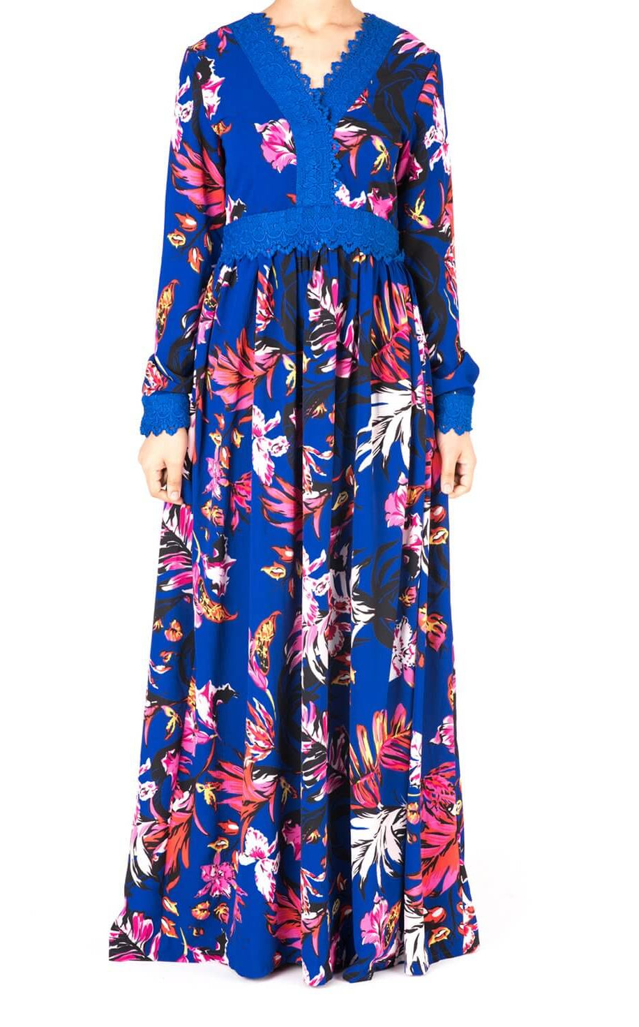 Blue Floral Print Lace-Up Maxi Dress Kabayare