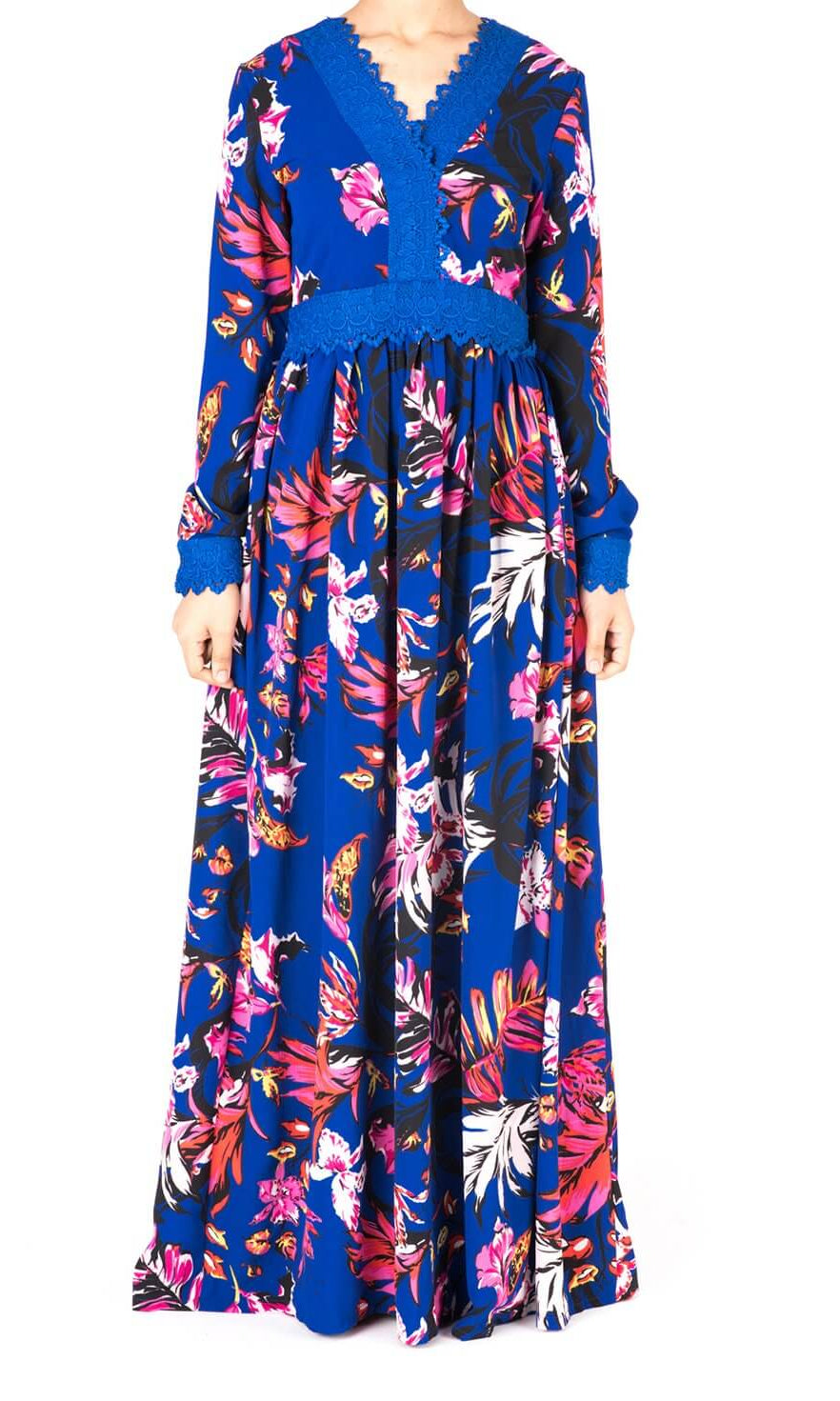 Blue Floral Print Lace-Up Maxi Dress Kabayare