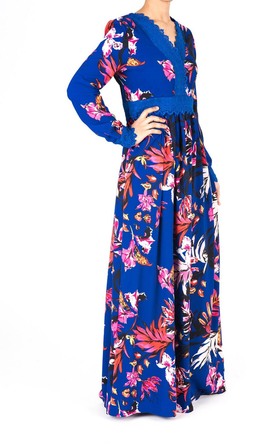 Blue Floral Print Lace-Up Maxi Dress Kabayare