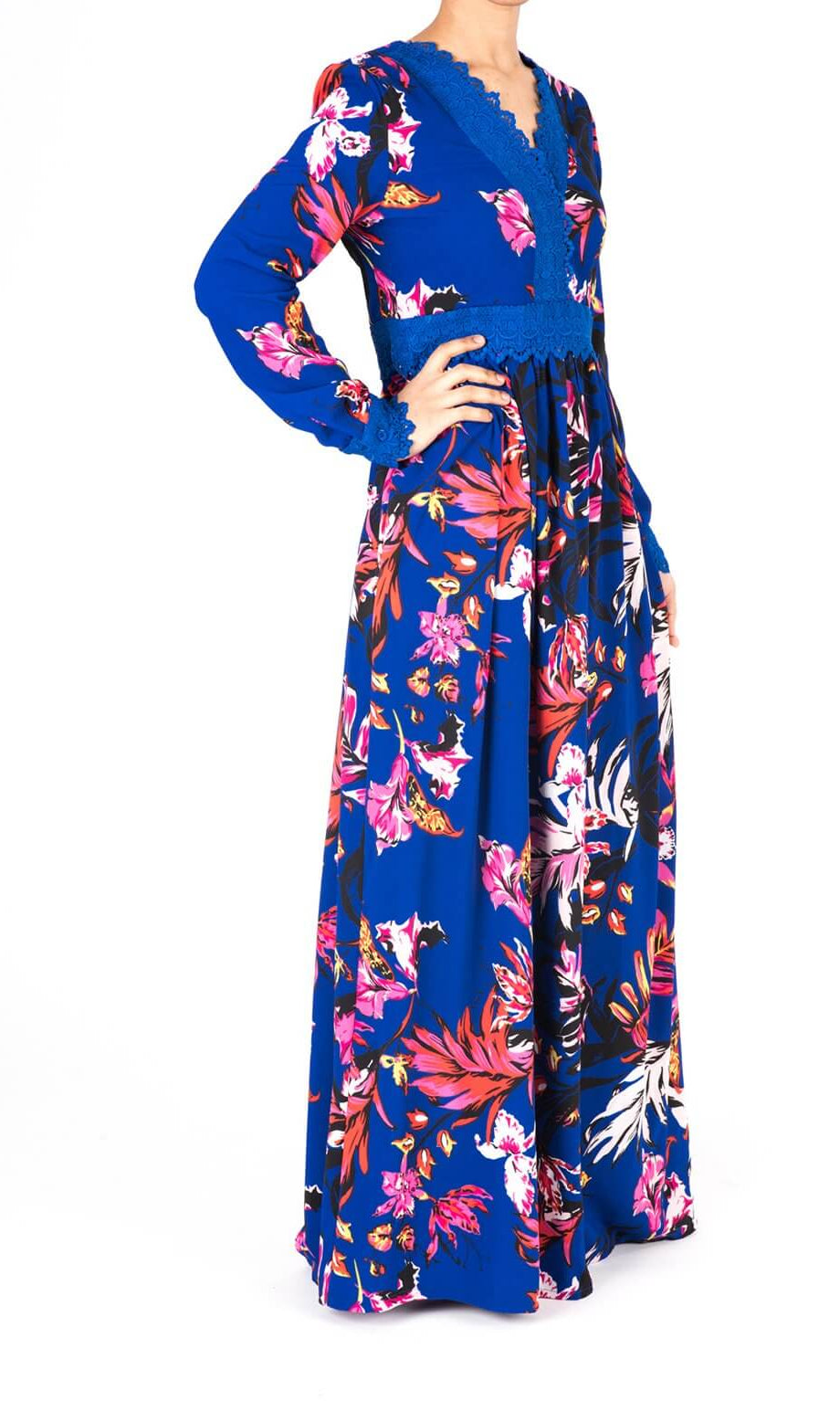 Blue Floral Print Lace-Up Maxi Dress Kabayare