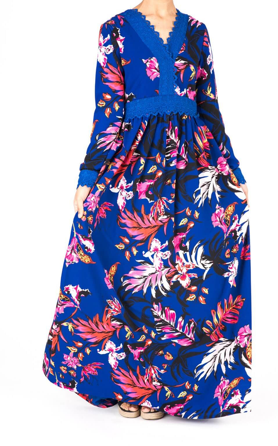 Blue Floral Print Lace-Up Maxi Dress Kabayare